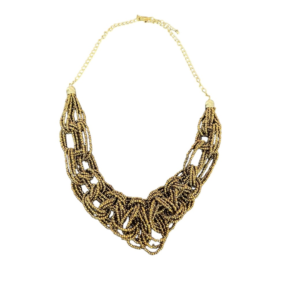 Antique Gold Seed Bead Bib Necklace Multi Strand Woven Statement Bronze 24 Inch